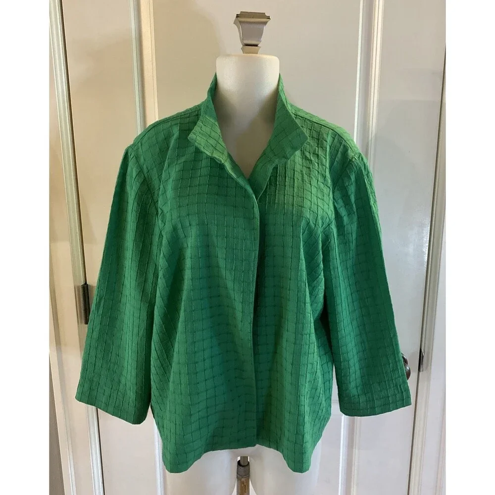 Chicos Kelly Green Cotton Blend Open Front Jacket Size 3 Travelers Collection‎
